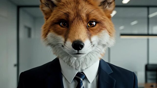 Slow zoom in on an anthropomorphic red fox businessman wearing a blue suit in a modern office