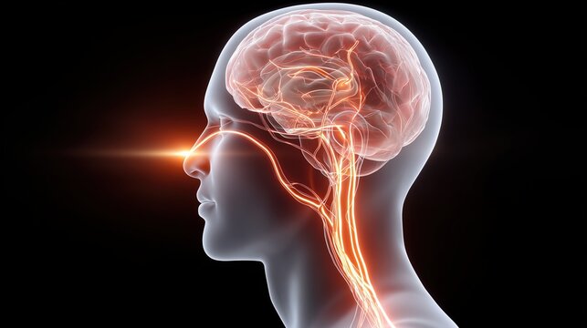 3D illustration of a human head profile showing brain and neural pathways with light beam