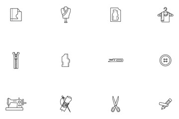 Fototapeta premium Sewing and tailoring line icons set, collection of garment making tools and equipment outline vector illustrations for needlework, dressmaking and hobby craft design