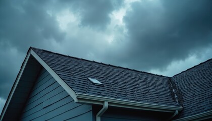 Fototapeta premium Dark stormy clouds gather overhead above a house roof. Dark gray shingles show signs of wear and possible hail damage. Gutters are visible on the side of the house.