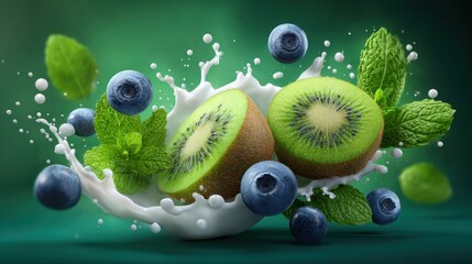 Fresh kiwi and blueberries splash in milk with mint leaves, captured in mid-air from a dynamic viewpoint