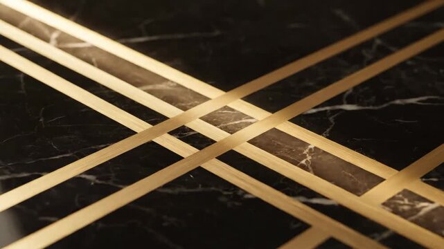 Elegant black marble surface with geometric gold inlay illuminated by sweeping light beam