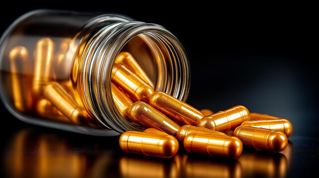 NMN supplement capsules spilling from glass bottle onto reflective black surface, modern longevity trends, biohacking anti-aging practices, cellular health optimization, with copy space