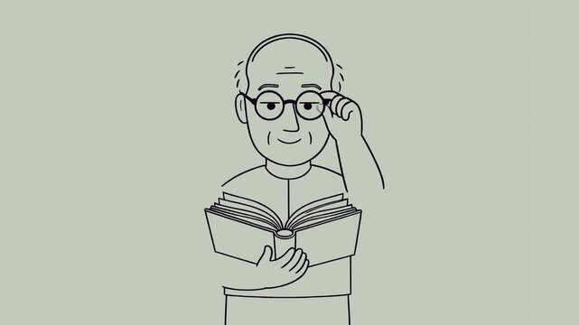 Senior Man Reading Book  Holding Glasses, Happy Grandfather Studying Hobby Black and White Minimal Sketch Animation