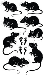 Black rat silhouettes illustration set showing mice poses footprints and rodent behavior ideal for pest control concepts vintage tattoo designs and Halloween graphics