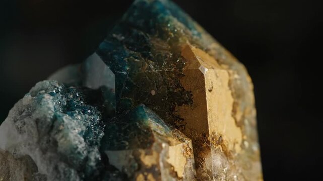Extreme close-up of a raw teal and gold mineral crystal with sharp facets under dramatic lighting