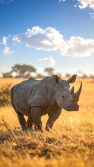 Obraz premium A large, grey rhinoceros stands in tall, dry savanna grass. The sky is blue with fluffy white clouds, and sunlight bathes the scene