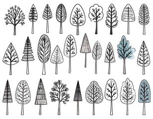 Variety of sketched trees. Some are patterned. A few have added blue watercolor shading