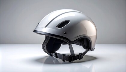 Fototapeta premium Sleek Silver Bicycle Helmet with Black Straps on White Background, Cycling Safety Gear