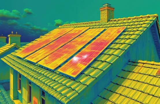 Thermal image shows rooftop solar panels on a house. Infrared scan reveals heat distribution and potential issues for energy efficiency and system checks.