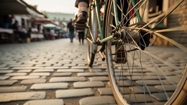Slow Motion Close-Up of Vintage Bicycle Rear Wheel on Village Road