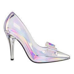 A sparkling high heel shoe with a glittery, iridescent design and a pointed toe.