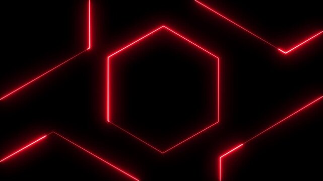 Neon hexagon light lines on dark background, glowing red geometric tech frame animation.