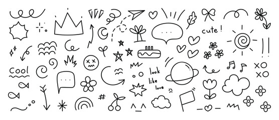 Obraz premium Playful doodle elements vector illustration with crown, hearts, stars, rainbow, moon, planet, speech bubbles and symbols in black and white. Hand drawn icons for stickers, cards, posters and prints.