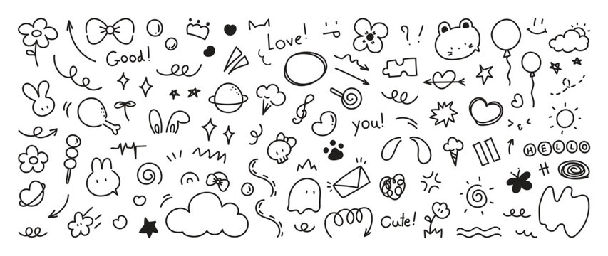 Cute doodle icons vector illustration with bunny, hearts, flowers, balloons, clouds, stars and speech bubbles in black and white. Hand drawn decor elements for kids, stickers and cards.