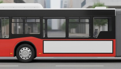 Red city bus mockup with blank advertising billboard panel for urban transportation and public ad campaigns