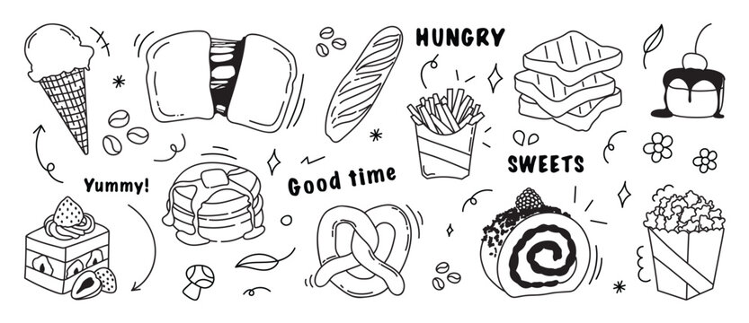 Food and sweets doodle vector illustration with ice cream, burger, fries, bread, cake, pretzel and snack icons in black and white. Hand drawn menu design for stickers, posters and packaging.