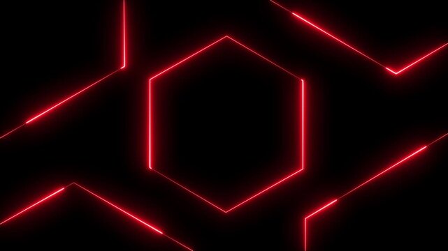 Neon hexagon light lines on dark background, glowing red and red geometric tech frame animation.