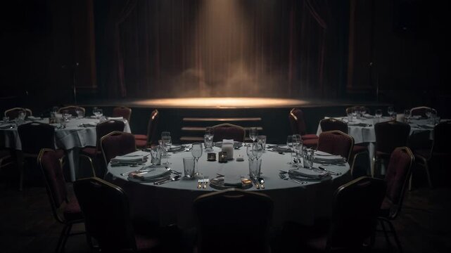 Medium shot of a dimly lit dinner theater setup with elegant tables arranged around a stage subtle candlelight enhancing the mysterious atmosphere.