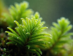 Fototapeta premium Macro shot of bright green Selaginella moss. Tiny spiky leaves create rich carpet. Small plant thrives in damp forest floor. Detailed texture of verdant foliage.