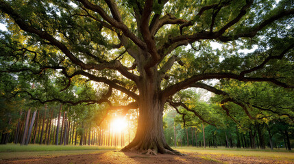 Obraz premium Majestic oak tree in forest at sunset, strength environmental conservation symbolism, sustainable living eco-friendly practices, natural longevity representation, with copy space