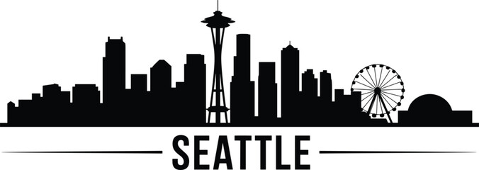 Seattle city skyline silhouette with Space Needle and waterfront ferris wheel, modern urban vector illustration for travel, tourism, architecture, branding, and graphic design projects © Sawda's World