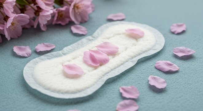 Feminine hygiene pad with rose petals on blue background  