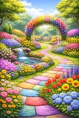 multicolor garden with flowers  and trees