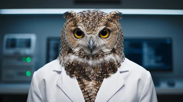 Surreal medium shot of an owl head on a scientist body wearing a white lab coat inside a high-tech blue laboratory environment