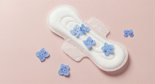 Sanitary pad with blue flowers on pink background  
