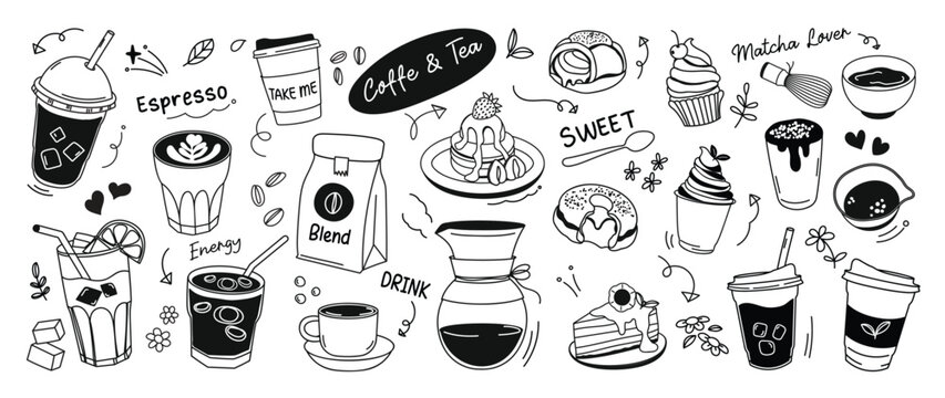Coffee and tea doodle vector illustration with espresso, takeout cups, beans, donuts, cake, cupcakes and matcha icons in black and white. Hand drawn cafe design for menus, packaging and stickers.