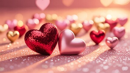 Obraz premium Valentine's day decor with shiny red and pink hearts on sparkling surface