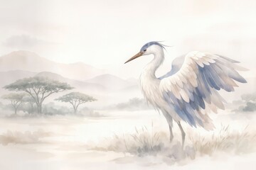 Obraz premium Watercolor White Heron with Spread Wings in Misty Lake Landscape, Soft Pastel Nature Illustration