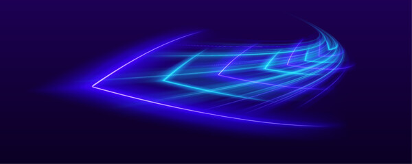 Naklejka premium Neon spirals and arcs twist across a dark cyber grid creating flowing energy. Vibrant gradients and motion blur emphasize futuristic motion. Abstract vector.