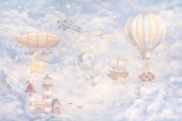 Obraz premium Whimsical Watercolor Sky Adventure with Hot Air Balloons, Airships and Sailing Boats in Clouds, Dreamy Nursery Illustration