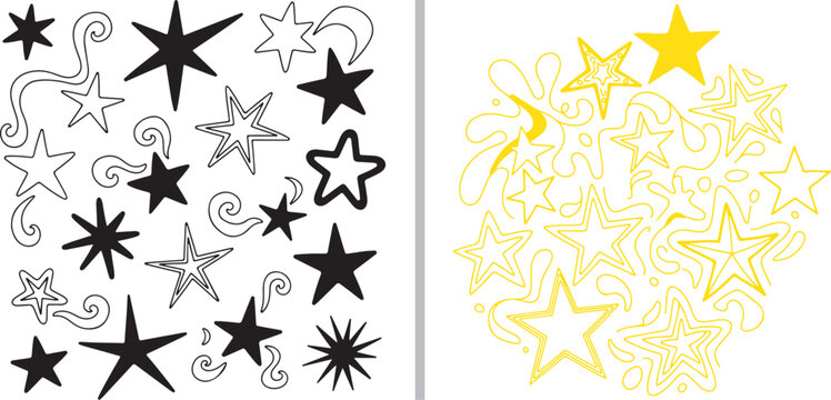 A dual-panel vector set featuring whimsical hand-drawn celestial elements. The left side displays black star and moon outlines with swirls; the right shows a dense yellow cluster of similar shapes.