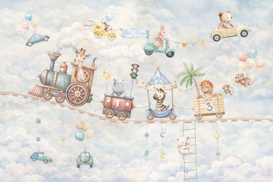 Whimsical Watercolor Baby Animals on Train with Balloons in Clouds, Pastel Nursery Fantasy Illustration