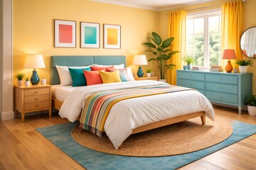 cozy bedroom with colorful blanket cushions plant lamp window and table