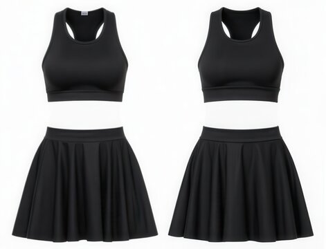 Two black sports bra and skirt sets for women, activewear and fitness apparel