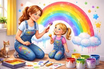 mother and daughter painting a wall of a room making rainbow clouds and having fun representing connection emotion love