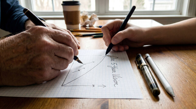Ultra Close-up of two generations collaboratively drawing on a single sheet of graph paper , family business strategy and communication