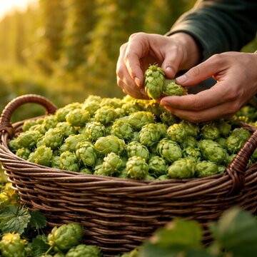 AI-Generated Illustration of Fictional Hands Harvesting Green Hop Cones in Wicker Basket, Concept of Agriculture, Brewing Ingredients, Organic Farming, and Seasonal Crop Collection