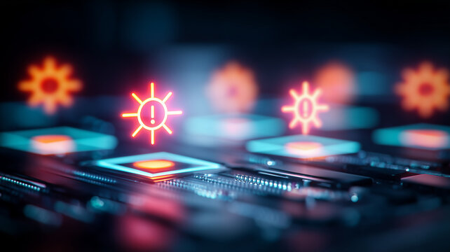 Malware warning icons over computer microchip illustrating cybersecurity vulnerability and system risk concept.
