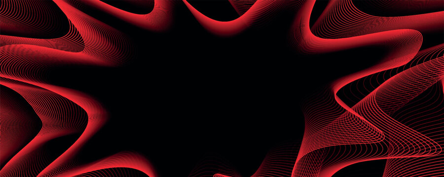 Black background with modern techno abstract red lines decoration. Glowing wave lines style graphic design concept for web, poster, brochure, card, flyer and banner.