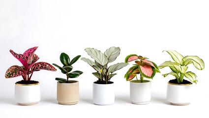 Obraz premium Five Beautiful Potted Houseplants Displayed Together On Simple Planters