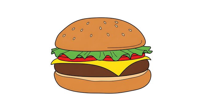 A cartoon cheeseburger with lettuce tomato and cheese on a bun viewed from the front