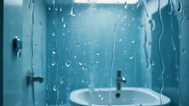 Raindrops falling on a bathroom window with a sink visible inside, creating a serene and wet atmosphere from outside