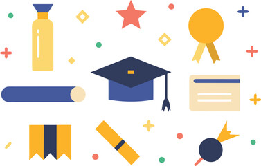 A collection of graduation-themed icons and symbols, including a cap, diploma, and award ribbon Vector, illustration