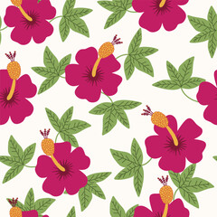 Tropical Paradise Pink: Seamless Pattern with Hibiscus and Leaves. Vector pattern.
