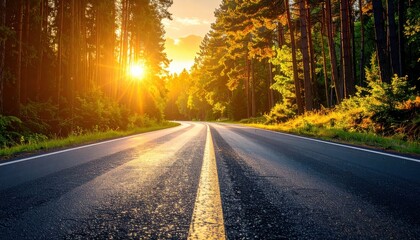Asphalt road through forest, leading lines, warm golden hour light